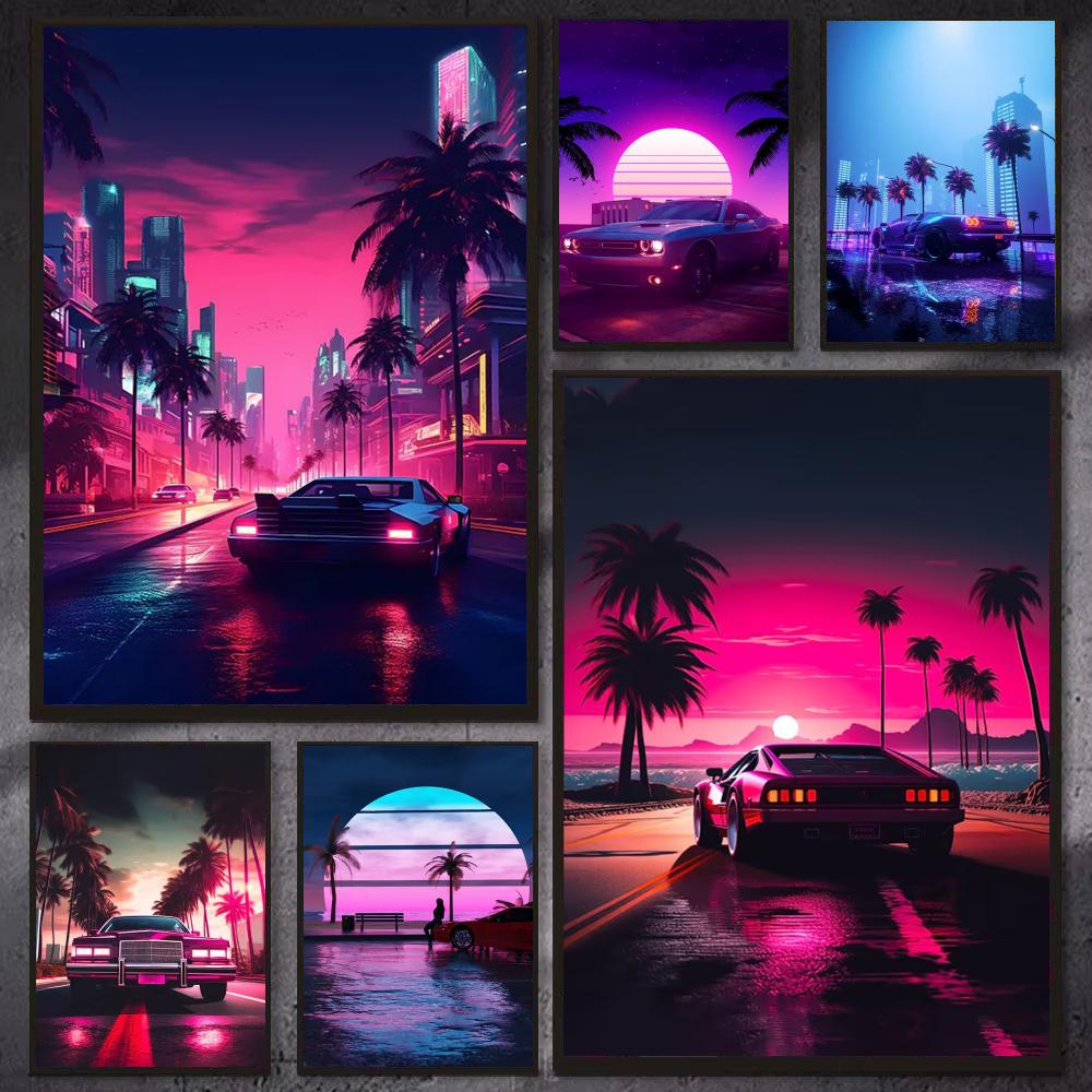 Retro Gaming Wallpaper - Cyberpunk 80s Retro car city Poster