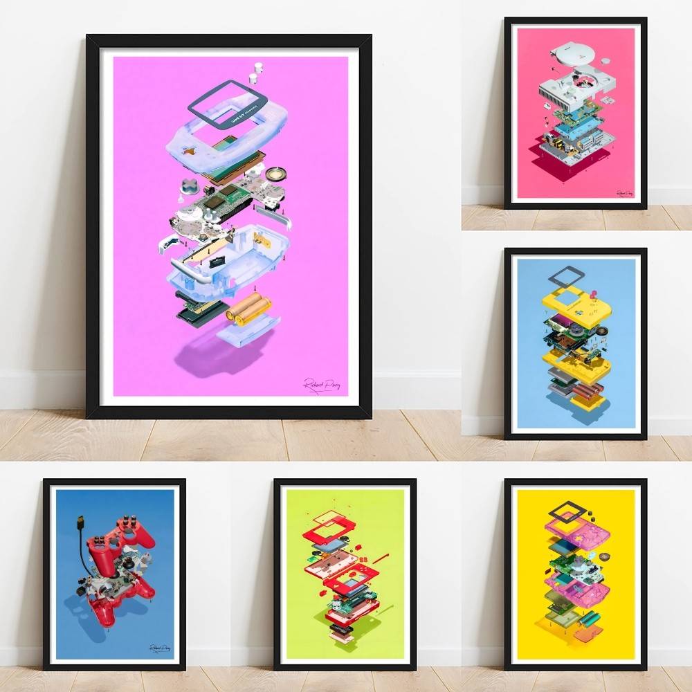 Retro Gaming Wallpaper - Exploded Game Console Paper Poster Colorful