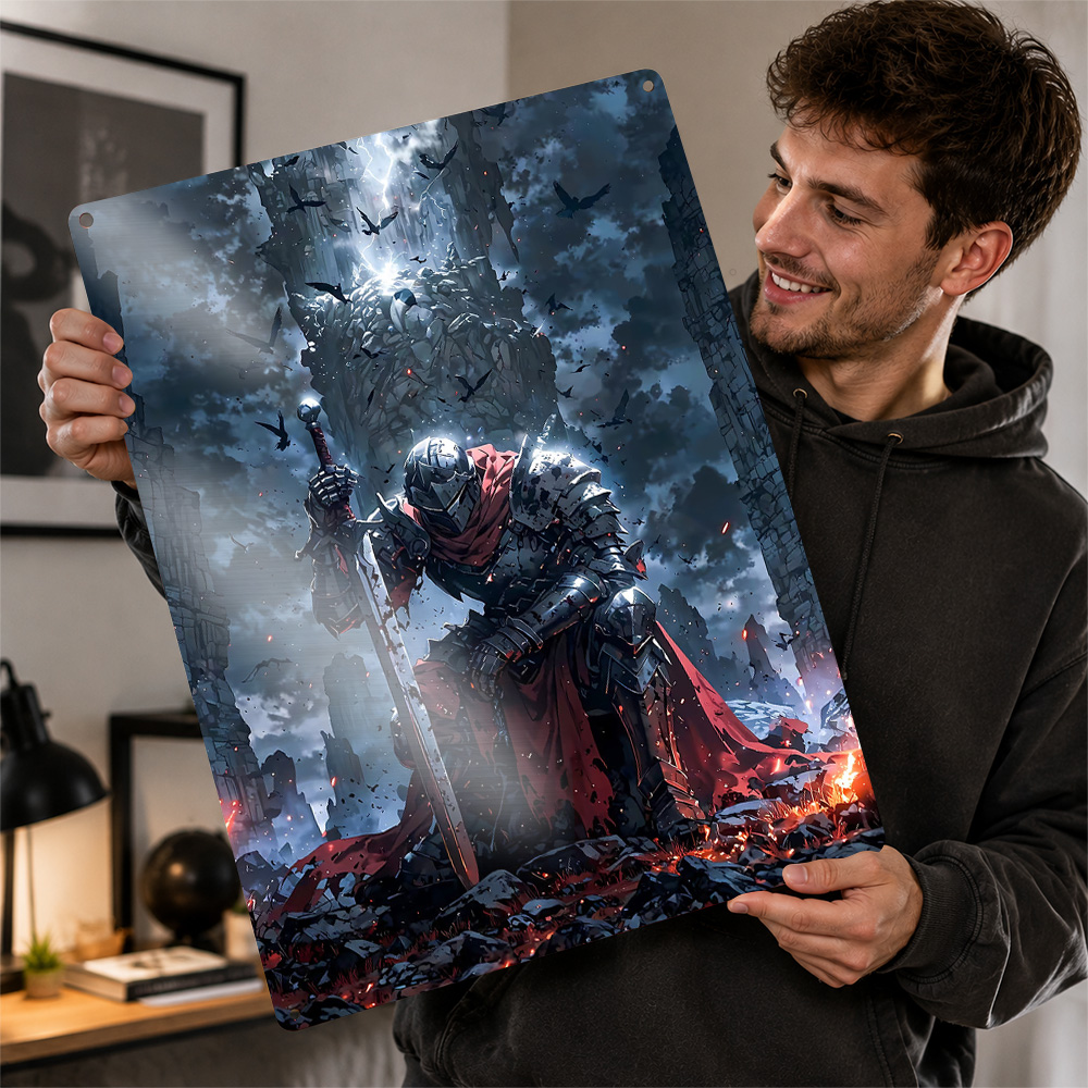 Retro Knight Gaming - Kneeling Knight in Dark Fantasy Landscape