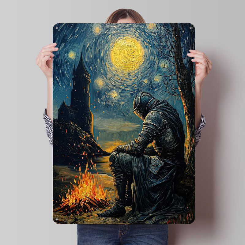 Retro Knight Gaming - Knight By The Bonfire Tin Plaque