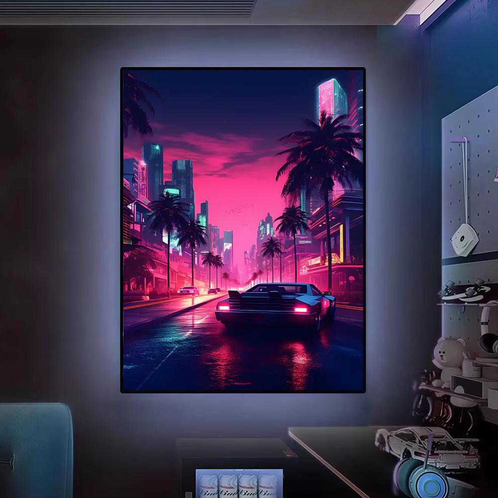 Cyberpunk 80s Retro car city P - Retro Gaming Wallpaper review and price