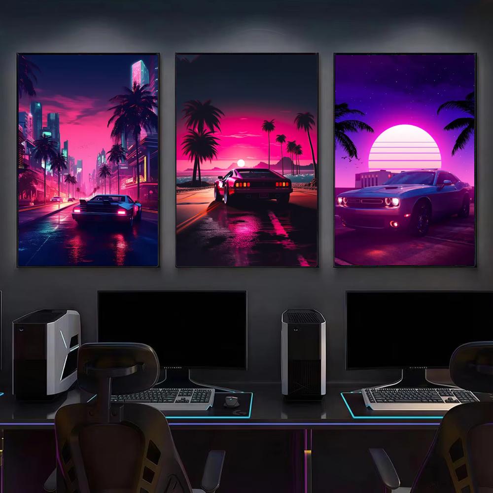 Cyberpunk 80s Retro car city P - Retro Gaming Wallpaper review and price