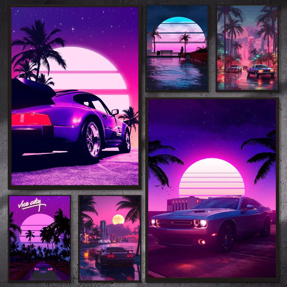 Cyberpunk 80s Retro car city P - Retro Gaming Wallpaper review and price